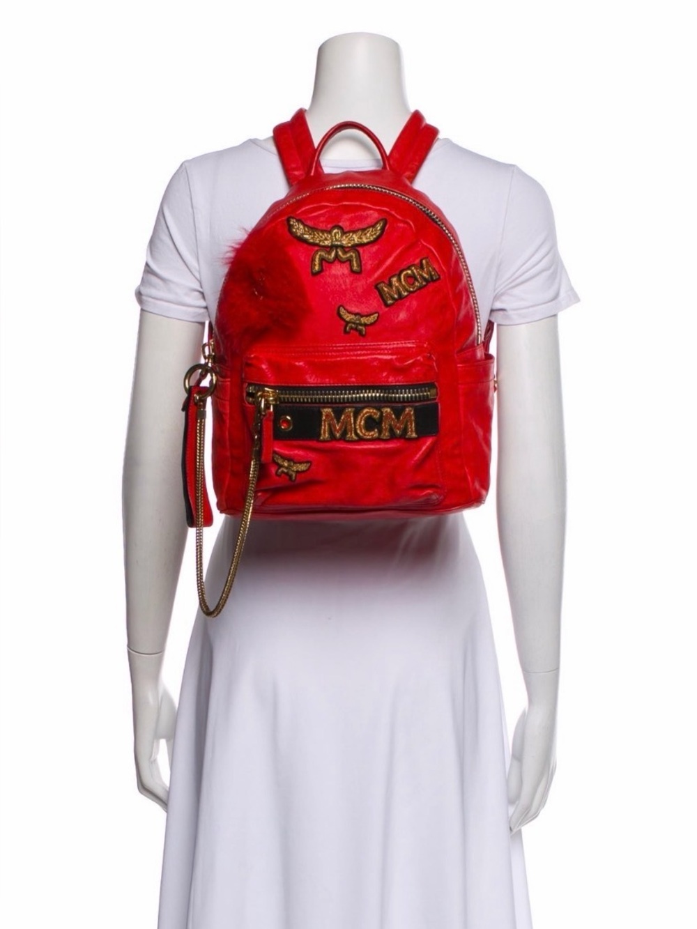 MCM Unisex Stark Leather Lamb Skin Fur Insignia Backpack Red Logo Patches
